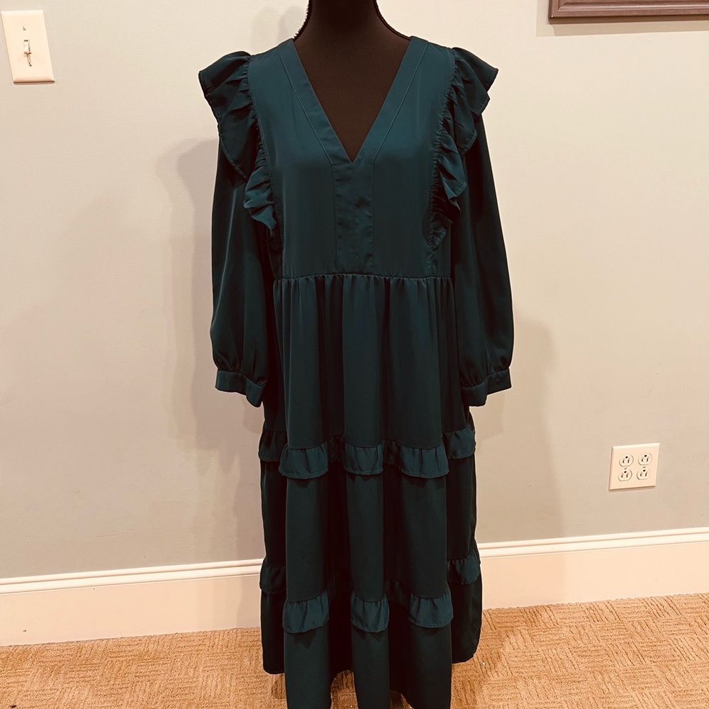 Entro Dark Green Long Sleeve Ruffle Dress